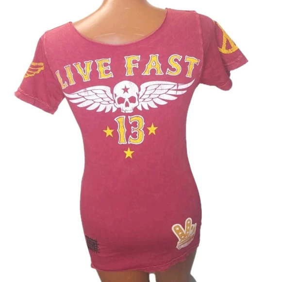 Affliction Y2k Old Glory Flag Baby Tee Woman Sz Med Distresed Red Skull Wings - Picture 2 of 12